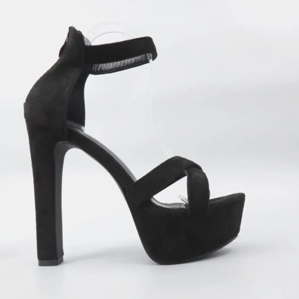 Black Chunky Platform Heels Size 7 Faux Suede Ankle Strap Pumps NIB
